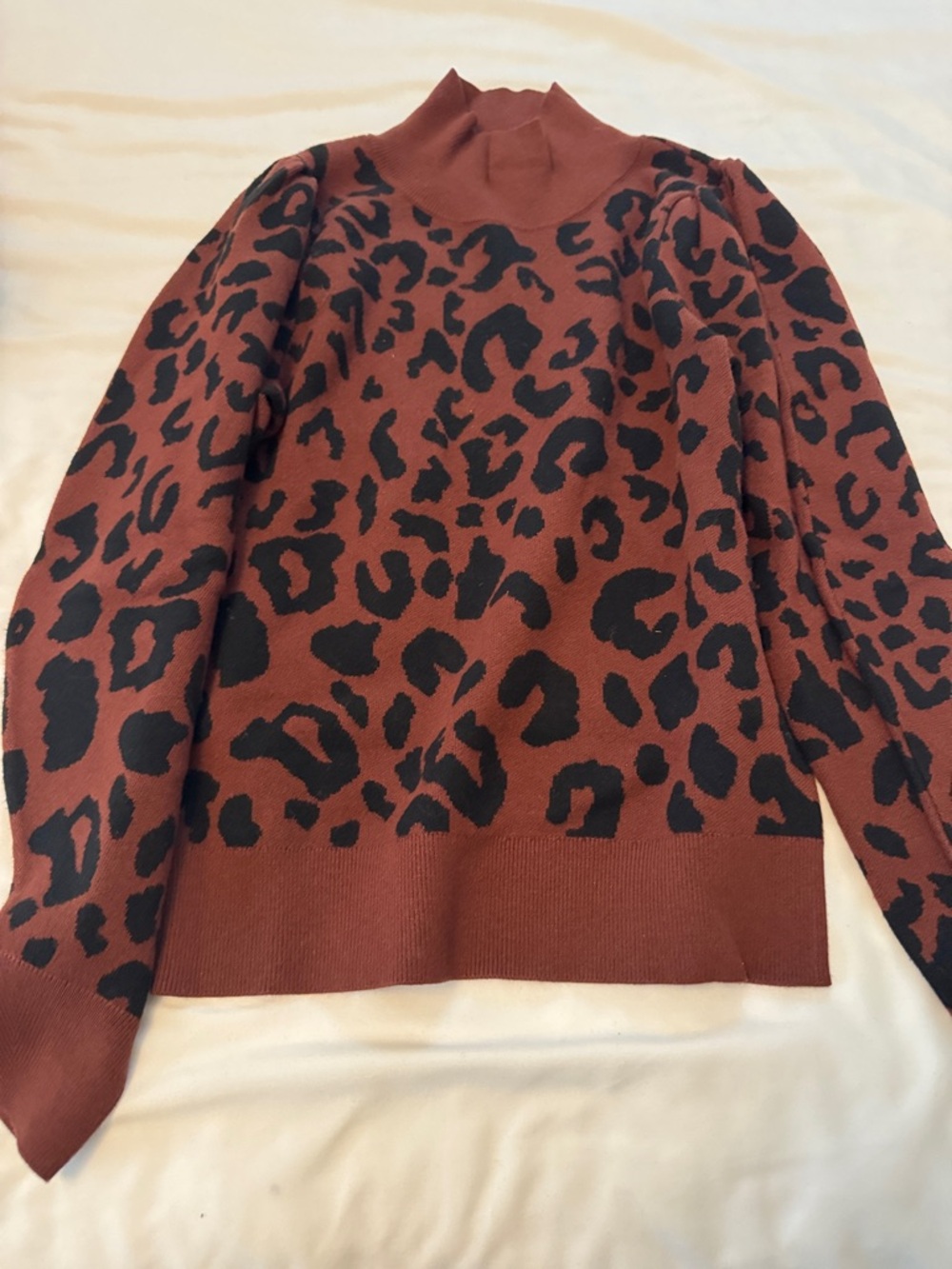 525 America Leopard-Print Mock Neck Sweater with puff sleeves. NWOT